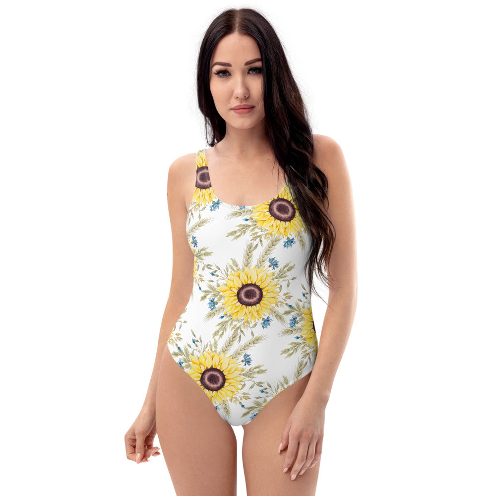 Sunflower floral Women's One-Piece polyester spandex cheeky bottom Swimsuit